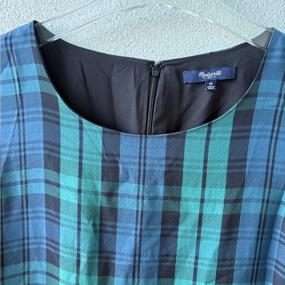 Madewell Silk Size 10 Blue Green Tartan Plaid Ruffle Flounce Hem Sheer Sleeves - Picture 8 of 15